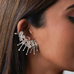 TEEJH Silver- Plated  Oxidised Contemporary Ear Cuff Earrings image 3
