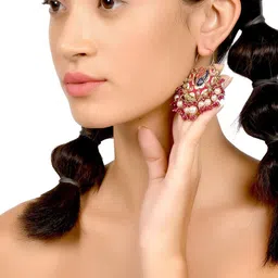 ODETTE Gold-Plated Stone Studded & Beaded Classic Drop Earrings-picture-17