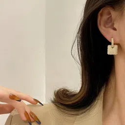 Yellow Chimes Gold Tone Rectangular Pearl Beaded Stud Earrings image 4