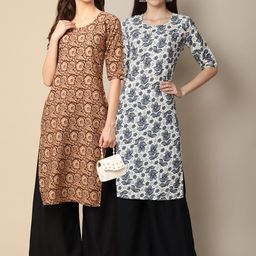 7threads KALINI Women Pack Of 2 Brown & White Floral Printed Block Print Crepe Kurtas-picture-22