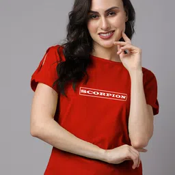 Friskers Women Red & White Cotton Printed Slim Fit T-shirt-image-32