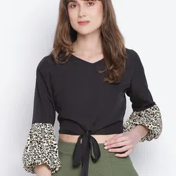 DRAAX Fashions V-Neck Puff Sleeves Tie-Ups Detail Cropped Top-picture-28
