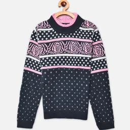 Crimsoune Club Girls Navy Blue & Pink Fair Isle Printed Pullover-picture-15