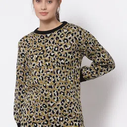 Club York Women Black & Olive Green Animal Printed Acrylic Pullover-picture-35