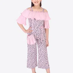 CUTECUMBER Girls Pink & Grey Floral Printed Culotte Jumpsuit-picture-16
