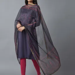 WISHFUL Grey & Blue Printed Organza Dupatta image 4