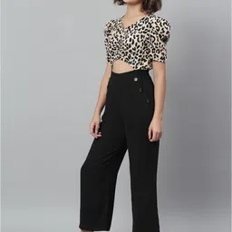 KASSUALLY Women Black & Cream-Coloured Colourblocked Leopard Printed Basic Jumpsuit image 3