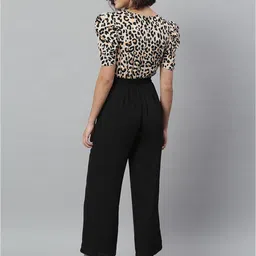KASSUALLY Women Black & Cream-Coloured Colourblocked Leopard Printed Basic Jumpsuit image 5