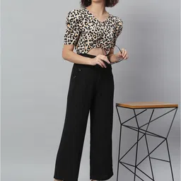 KASSUALLY Women Black & Cream-Coloured Colourblocked Leopard Printed Basic Jumpsuit image 2