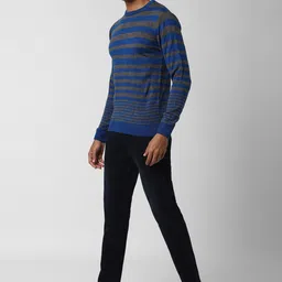Peter England Casuals Men Blue & Grey Striped Pullover image 5