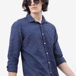 HIGHLANDER Navy Blue Horizontal Striped Slim Fit Casual Shirt-picture-15