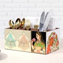the home co. Cream & Gold Mdf Wood Rectangle 1 Pcs Cutlery Holder image 2