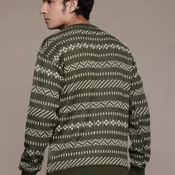 roadster Men Geometric Print Round Neck Green Sweater image 2