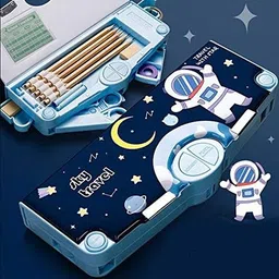arizuul dreamy blue stationery durable school box with cloud design Astronaut, Universe, Moon,Stars Art Plastic Pencil Box image 4