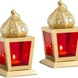 antique collection Decorative Blossom Hanging Lantern/Lamp with t-Light Candle, (Set of 2) Red Iron Hanging Lantern image 1