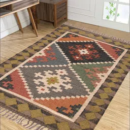 baithak krafts Multicolor Wool & Jute Traditional 96 x 60 Inches Hand Woven Dhurries image 1