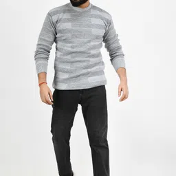 life and style Men Self Design Round Neck Grey Sweater image 4