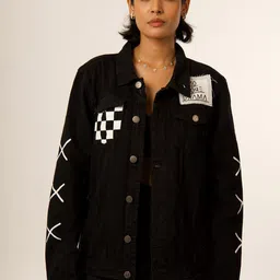 VALKYRE Unisex Geometric Cotton Longline Denim Jacket with Patchwork image 3