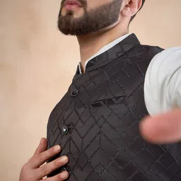 House of Pataudi Jacquard Woven Design Mandarin Collar Zari Work Nehru Jacket image 3