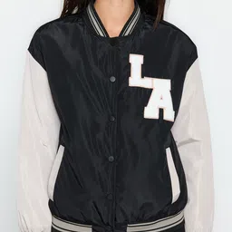 Trendyol Typography Self Design Stand Collar Patchwork Varsity Jacket image 4