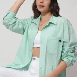 tokyo talkies Women Relaxed Fit Fit Solid Cut Away Collar Casual Shirt-picture-20