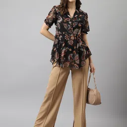 keri perry Casual Puff Sleeves Printed Women Black Top image 5