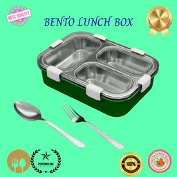evara international Lunch Box 3 Compartment Leakproof Stainless Steel With SPOON & FORK_LG271 3 Containers Lunch Box image 1