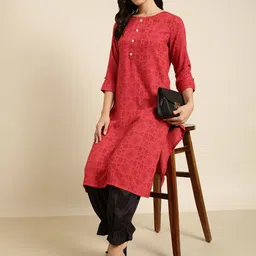 SHOWOFF Round Neck Geometric Indie Printed Straight Kurta-image-30