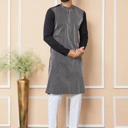 See Designs Mandarin Collar Long Sleeves Striped Thread Work Cotton Straight Kurta-picture-41