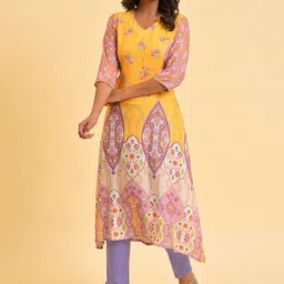 W Yellow & Purple Ethnic Motifs Printed A-Line Kurta image 1