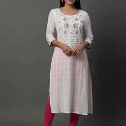 AURELIA Floral Round Neck Regular Sleeves Cotton Thread Work Straight Kurta-picture-5