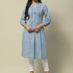 Rangriti Abstract Printed Mandarin Collar Thread Work A-line Kurta image 1