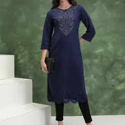 Vishudh Navy Blue Embellished Yoke Design Beads and Stones Straight Kurta-picture-36