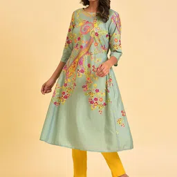 W Blue & Pink Floral Printed Flared Sleeves Thread Work Kurta-picture-32