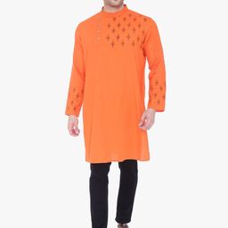 Kuons Avenue Men Orange Geometric Printed Pure Cotton Angrakha Kurta-picture-28