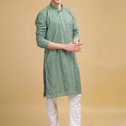 Anouk Green Ethnic Embroidered Mandarin Collar Sequinned Lucknowi Cotton Straight Kurta image 5