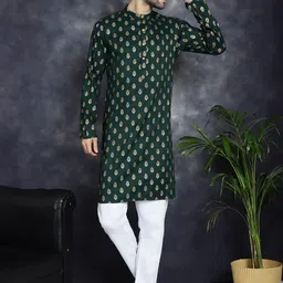 Anouk Olive Green Ethnic Motifs Printed Band Collar Straight Kurta image 3