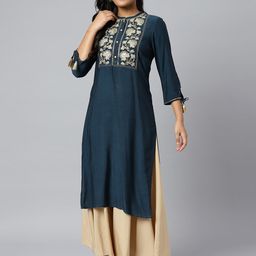 AURELIA Women Blue & Gold-Toned Yoke Design Thread Work Kurta-picture-14
