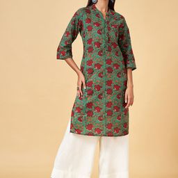 RANGMANCH BY PANTALOONS Floral Printed Mandarin Collar Cotton A-Line Kurta-picture-6