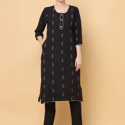 aayusika Geometric Woven Design Round Neck Thread Work Straight Kurta image 1