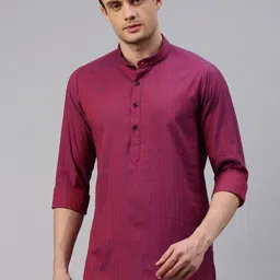 Cross Court Vertical Striped Woven Design Mandarin Collar Pure Cotton Straight Kurta-image-24