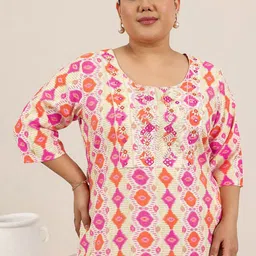 EXTRA LOVE BY LIBAS Plus Size Ethnic Motifs Printed Thread Work Straight Kurta image 5