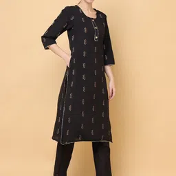 aayusika Geometric Woven Design Round Neck Thread Work Straight Kurta image 3