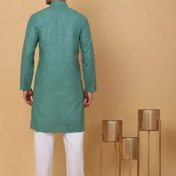 KRAFT INDIA Striped Thread Work Mandarin Collar Cotton Linen Straight Kurta image 4