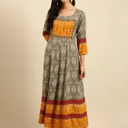 SHOWOFF Women Grey & Yellow Ethnic Motifs Printed Thread Work Kurta image 4