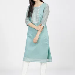 Vishudh Women Turquoise Blue Yoke Design Kurta image 4