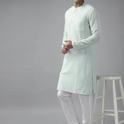See Designs Men Green Yoke Design Thread Work Kurta image 5