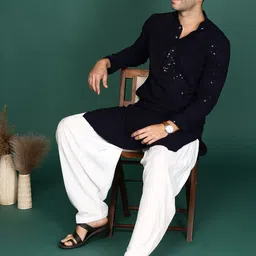 Anouk Navy Blue Ethnic Motif Chikankari Embroidered Straight Kurta-image-47