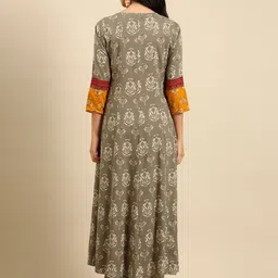 SHOWOFF Women Grey & Yellow Ethnic Motifs Printed Thread Work Kurta image 5