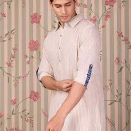 Ode by House of Pataudi Men Striped Shirt Collar Roll-Up Sleeves Kurta image 5